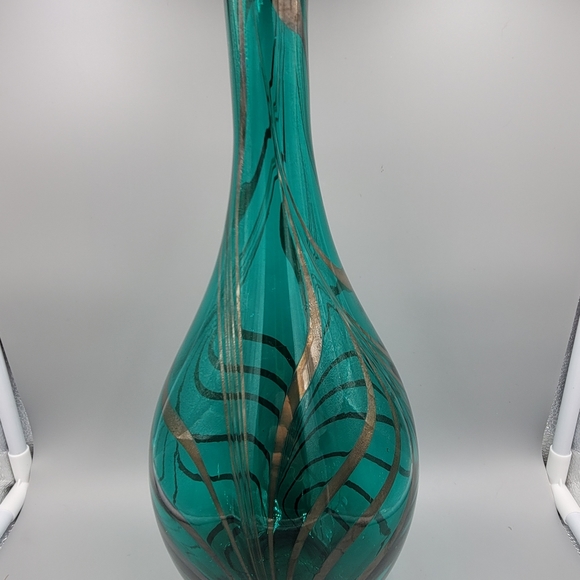 Handmade Aqua Teal Blue Glass Vase Silver Overlay 14 1/4" tall - Picture 2 of 9
